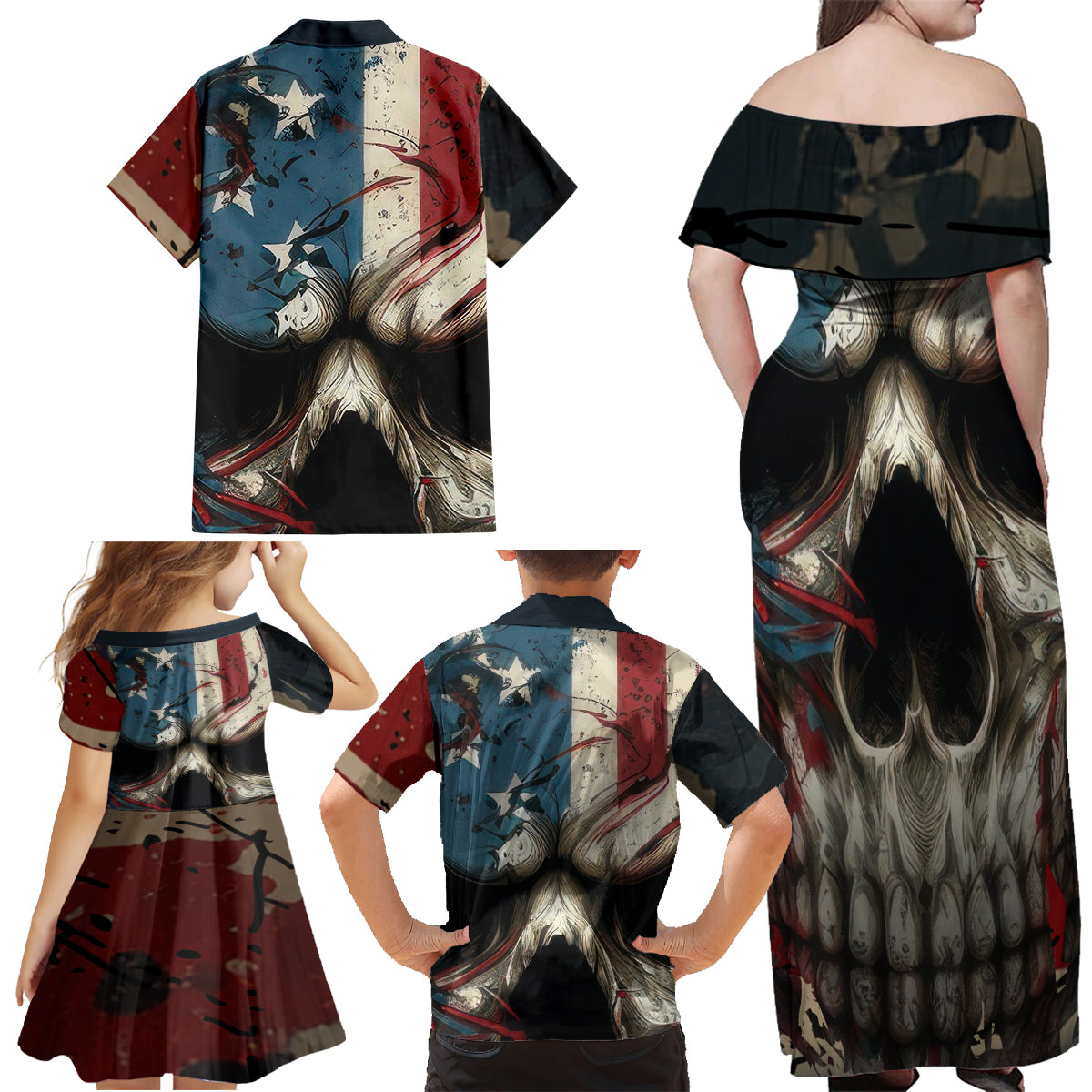 American Flag Skull Family Matching Off Shoulder Maxi Dress and Hawaiian Shirt I'm Not Anti - Social I'm Just Not User Friendly - Wonder Print Shop