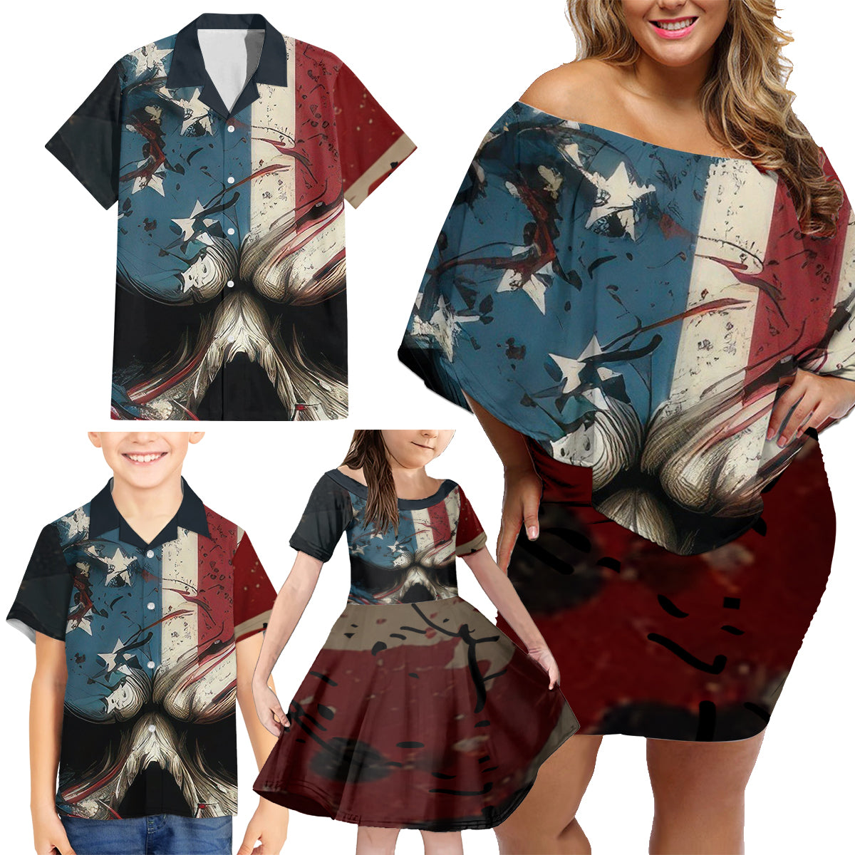 American Flag Skull Family Matching Off Shoulder Short Dress and Hawaiian Shirt I'm Not Anti - Social I'm Just Not User Friendly - Wonder Print Shop
