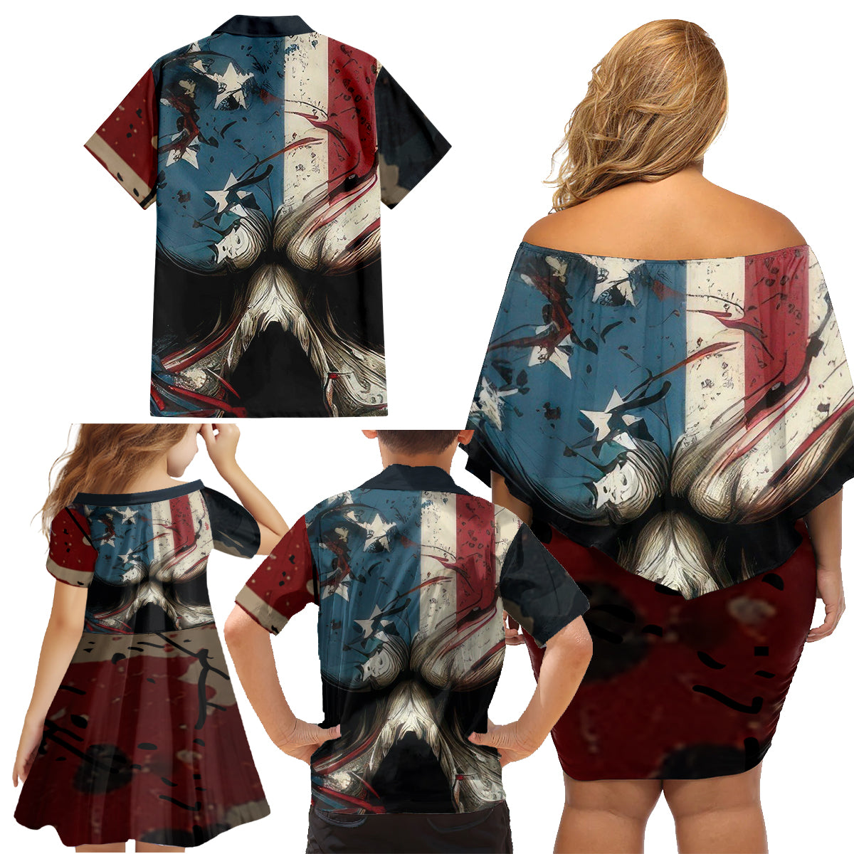 American Flag Skull Family Matching Off Shoulder Short Dress and Hawaiian Shirt I'm Not Anti - Social I'm Just Not User Friendly - Wonder Print Shop