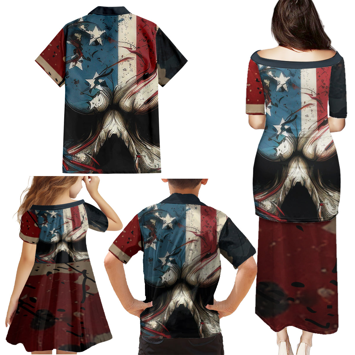 American Flag Skull Family Matching Puletasi Dress and Hawaiian Shirt I'm Not Anti - Social I'm Just Not User Friendly - Wonder Print Shop