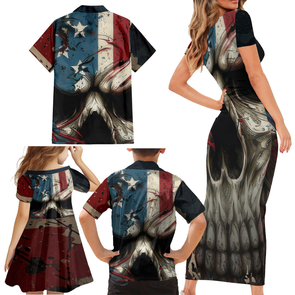 American Flag Skull Family Matching Short Sleeve Bodycon Dress and Hawaiian Shirt I'm Not Anti - Social I'm Just Not User Friendly - Wonder Print Shop