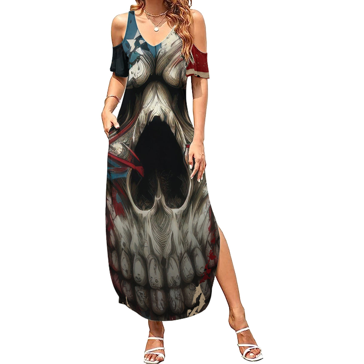 American Flag Skull Summer Maxi Dress I'm Not Anti - Social I'm Just Not User Friendly - Wonder Print Shop