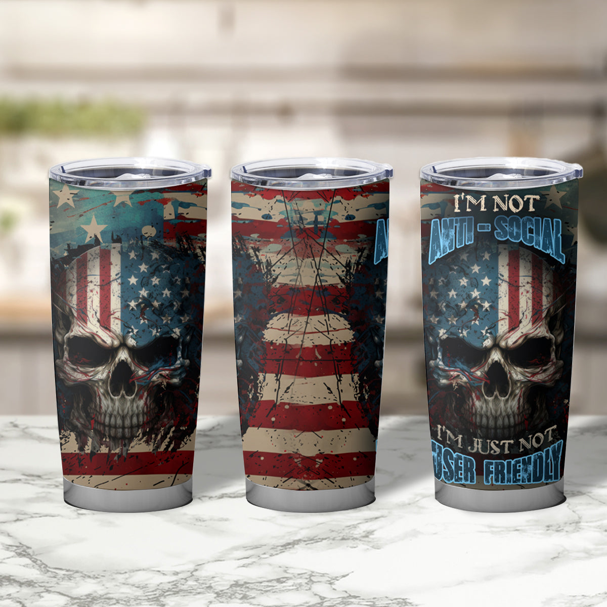 American Flag Skull Tumbler Cup I'm Not Anti - Social I'm Just Not User Friendly - Wonder Print Shop