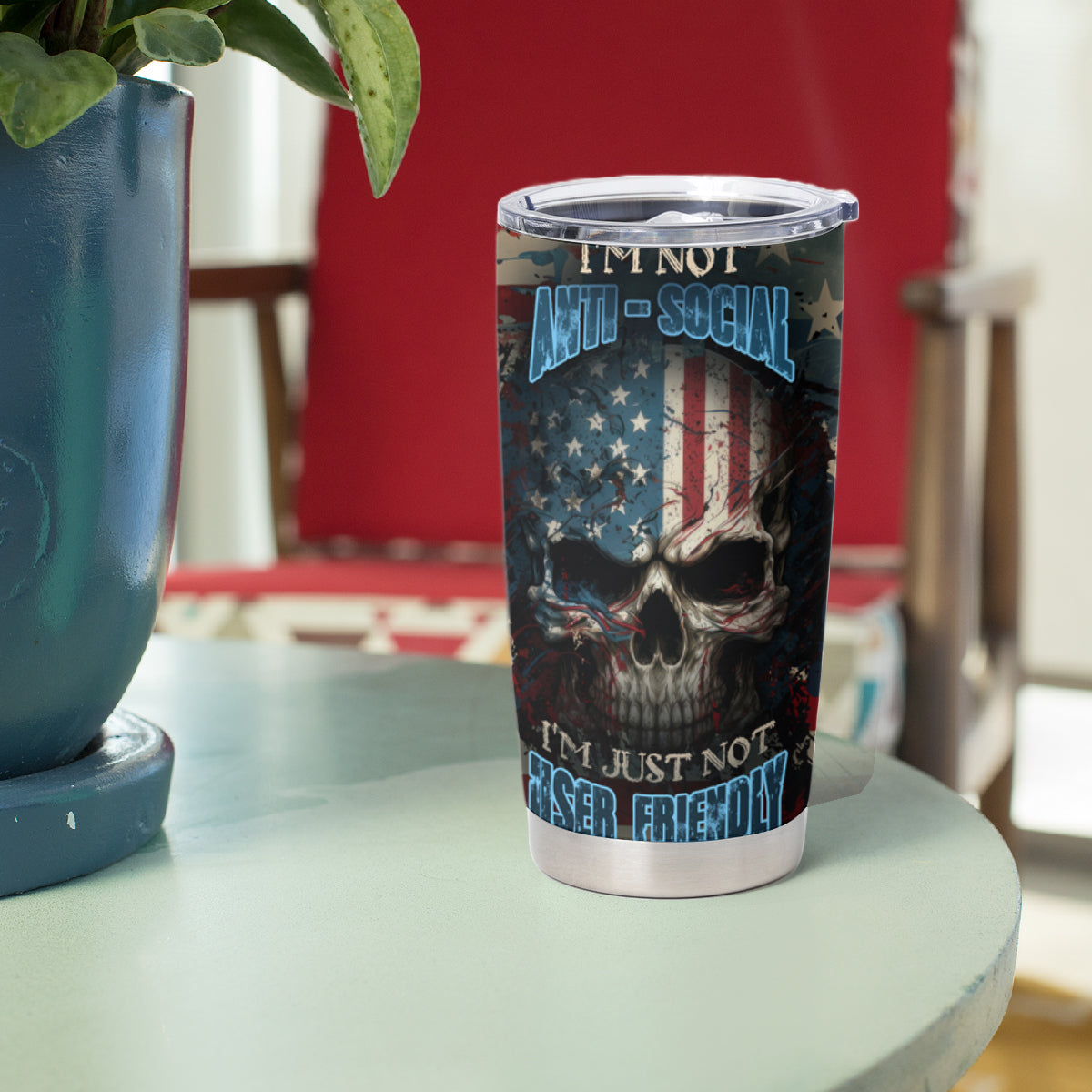 American Flag Skull Tumbler Cup I'm Not Anti - Social I'm Just Not User Friendly - Wonder Print Shop