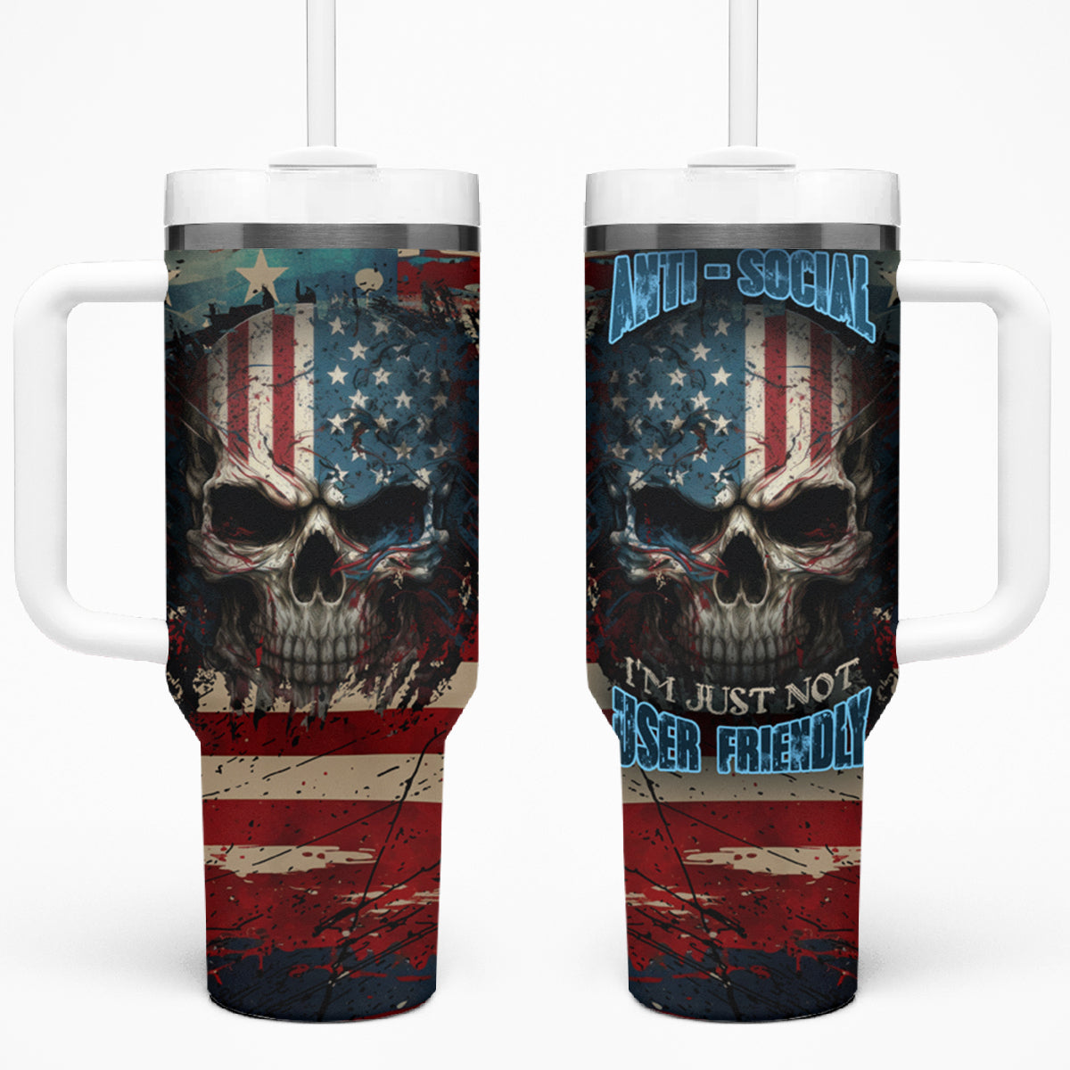 American Flag Skull Tumbler With Handle I'm Not Anti - Social I'm Just Not User Friendly - Wonder Print Shop