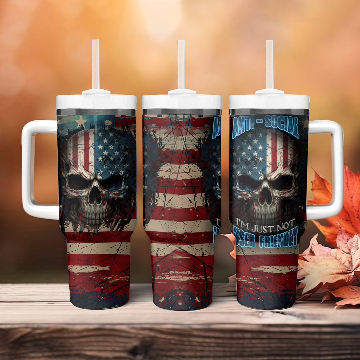 American Flag Skull Tumbler With Handle I'm Not Anti - Social I'm Just Not User Friendly - Wonder Print Shop