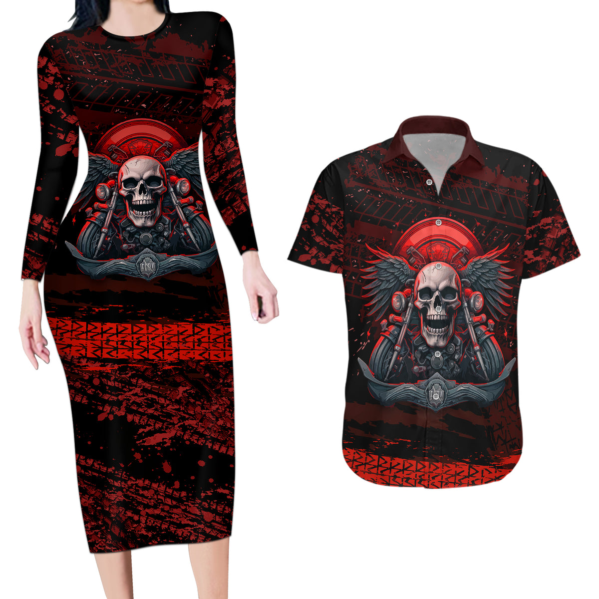 Skull Biker Couples Matching Long Sleeve Bodycon Dress and Hawaiian Shirt Legend Never Die - Wonder Print Shop