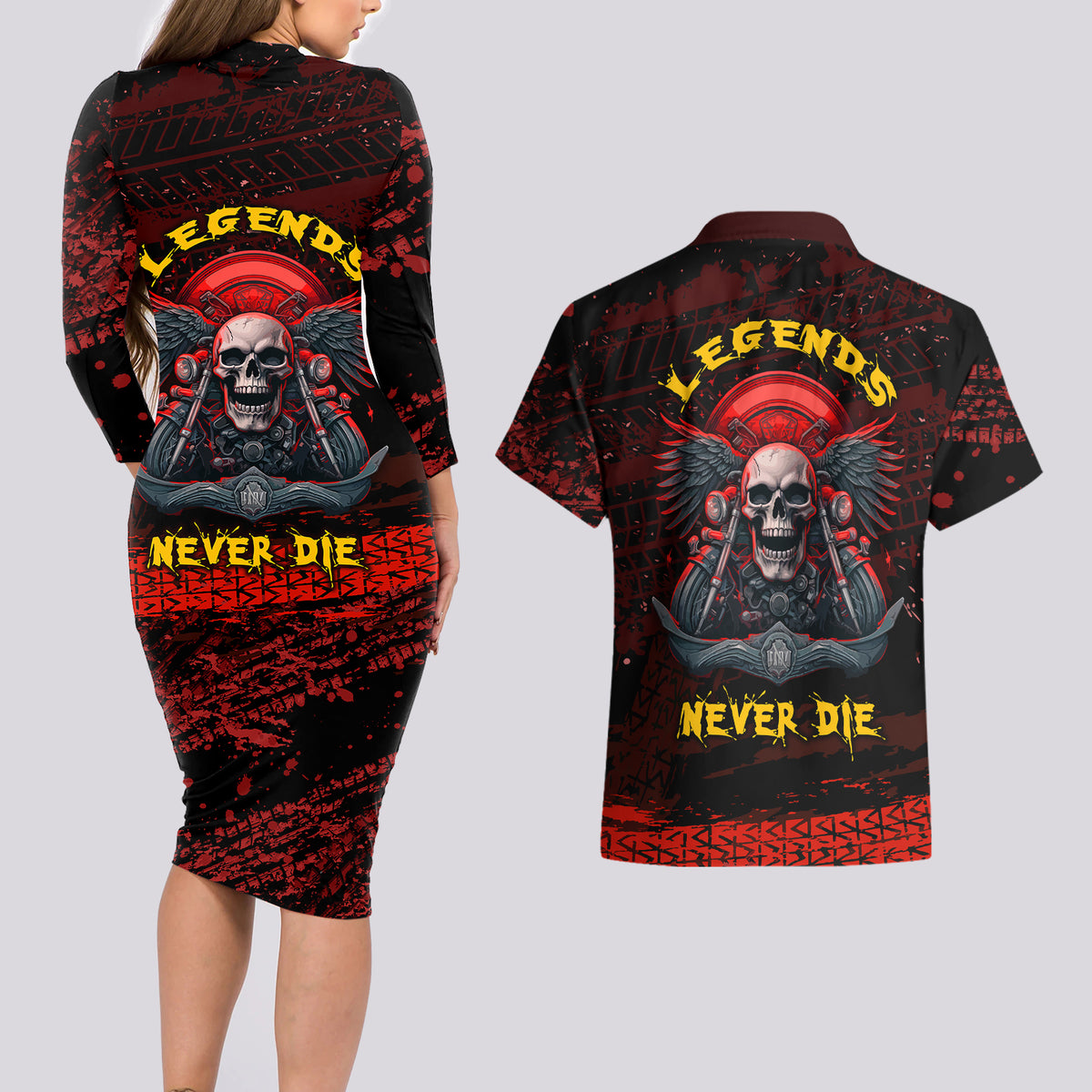 Skull Biker Couples Matching Long Sleeve Bodycon Dress and Hawaiian Shirt Legend Never Die - Wonder Print Shop