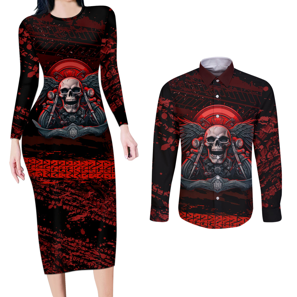 Skull Biker Couples Matching Long Sleeve Bodycon Dress and Long Sleeve Button Shirts Legend Never Die - Wonder Print Shop