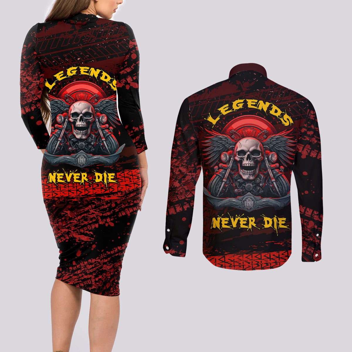 Skull Biker Couples Matching Long Sleeve Bodycon Dress and Long Sleeve Button Shirts Legend Never Die - Wonder Print Shop