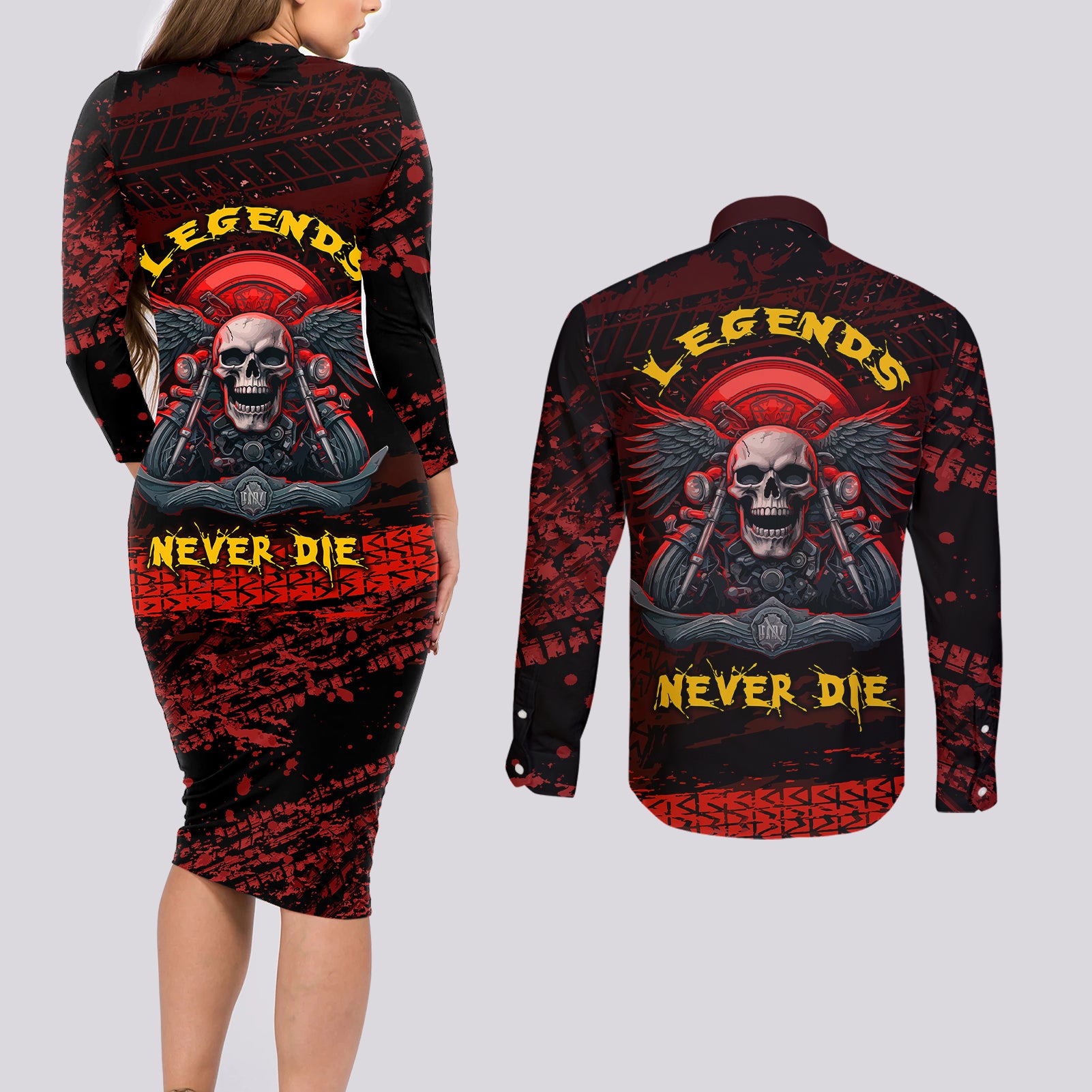 Skull Biker Couples Matching Long Sleeve Bodycon Dress and Long Sleeve Button Shirts Legend Never Die - Wonder Print Shop