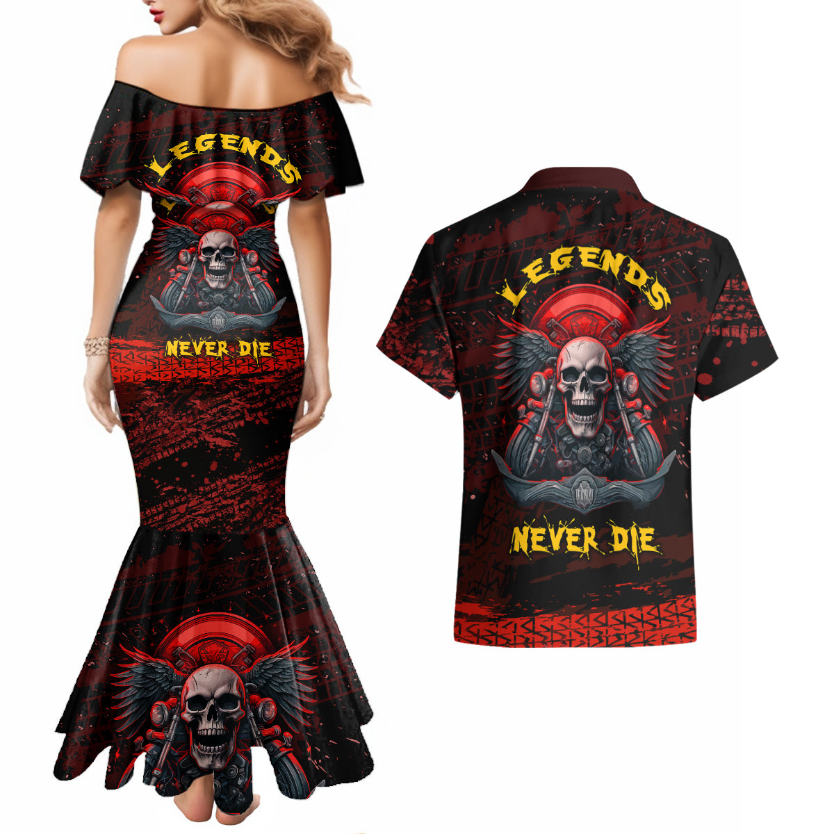 Skull Biker Couples Matching Mermaid Dress and Hawaiian Shirt Legend Never Die - Wonder Print Shop