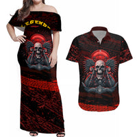 Skull Biker Couples Matching Off Shoulder Maxi Dress and Hawaiian Shirt Legend Never Die - Wonder Print Shop