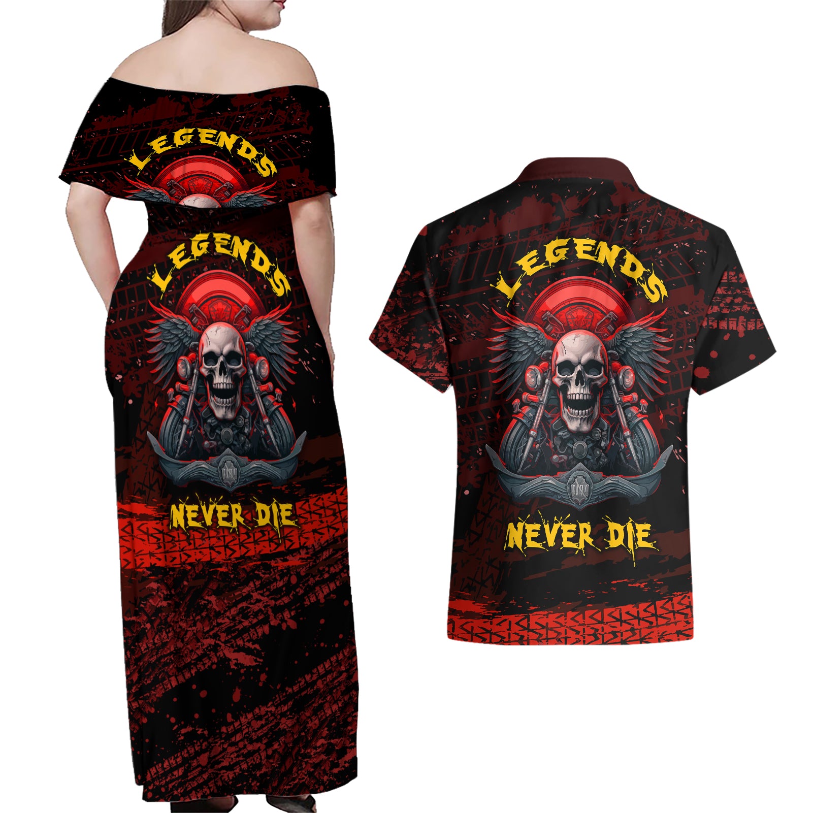 Skull Biker Couples Matching Off Shoulder Maxi Dress and Hawaiian Shirt Legend Never Die - Wonder Print Shop