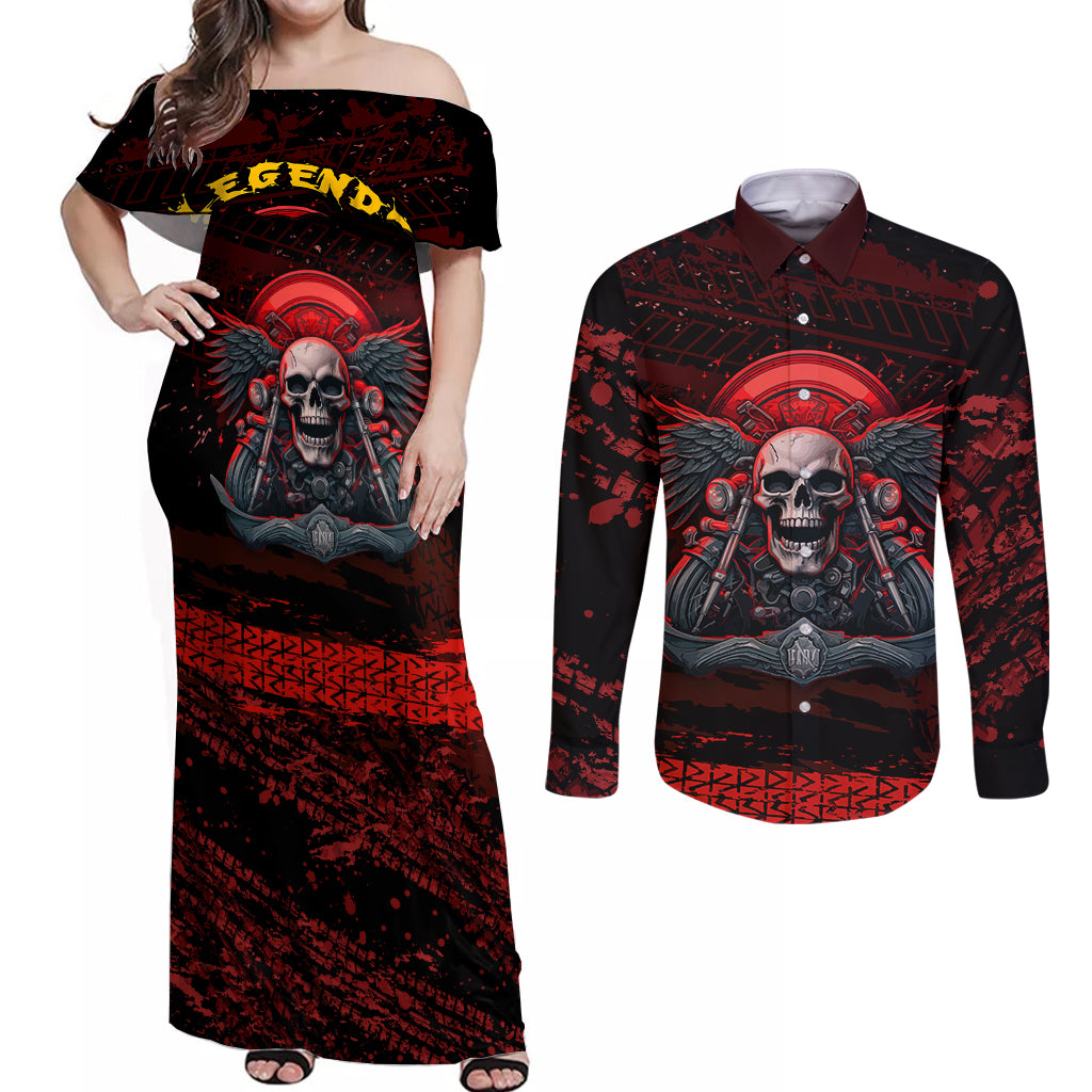 Skull Biker Couples Matching Off Shoulder Maxi Dress and Long Sleeve Button Shirts Legend Never Die - Wonder Print Shop