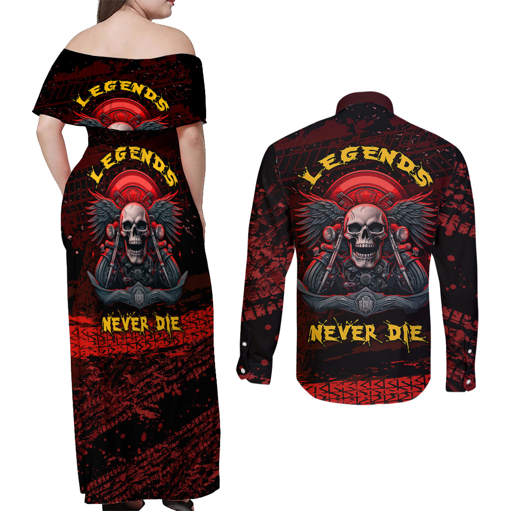 Skull Biker Couples Matching Off Shoulder Maxi Dress and Long Sleeve Button Shirts Legend Never Die - Wonder Print Shop