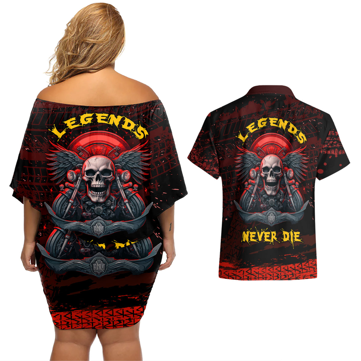 Skull Biker Couples Matching Off Shoulder Short Dress and Hawaiian Shirt Legend Never Die - Wonder Print Shop