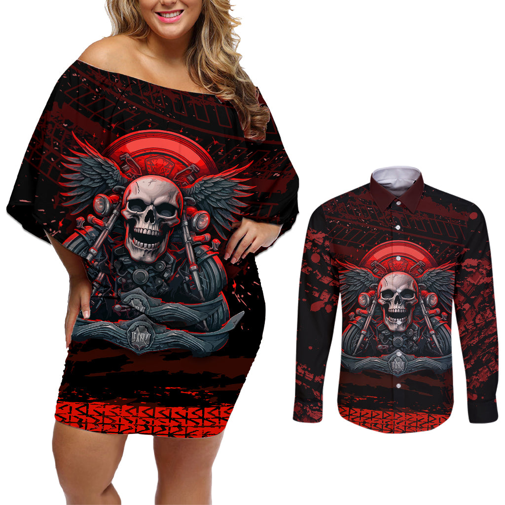 Skull Biker Couples Matching Off Shoulder Short Dress and Long Sleeve Button Shirts Legend Never Die - Wonder Print Shop