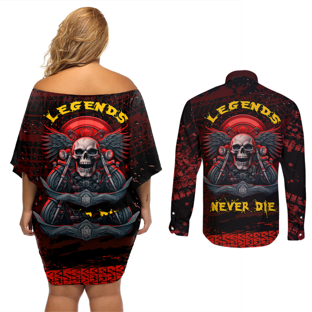 Skull Biker Couples Matching Off Shoulder Short Dress and Long Sleeve Button Shirts Legend Never Die - Wonder Print Shop