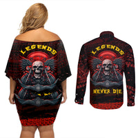Skull Biker Couples Matching Off Shoulder Short Dress and Long Sleeve Button Shirts Legend Never Die - Wonder Print Shop