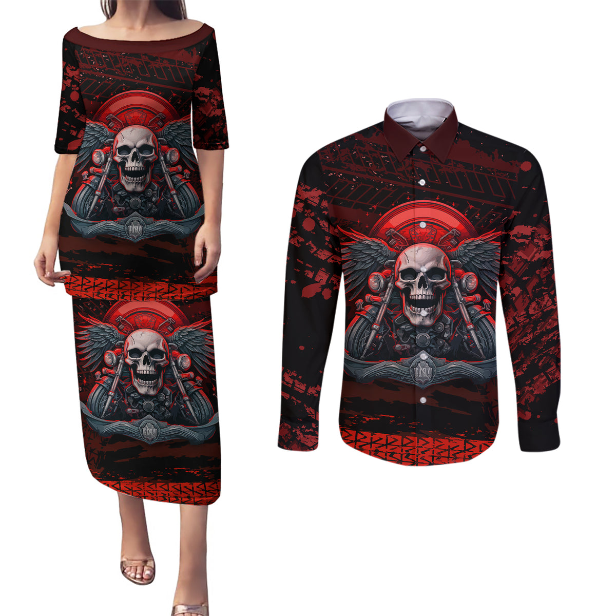 Skull Biker Couples Matching Puletasi Dress and Long Sleeve Button Shirts Legend Never Die - Wonder Print Shop