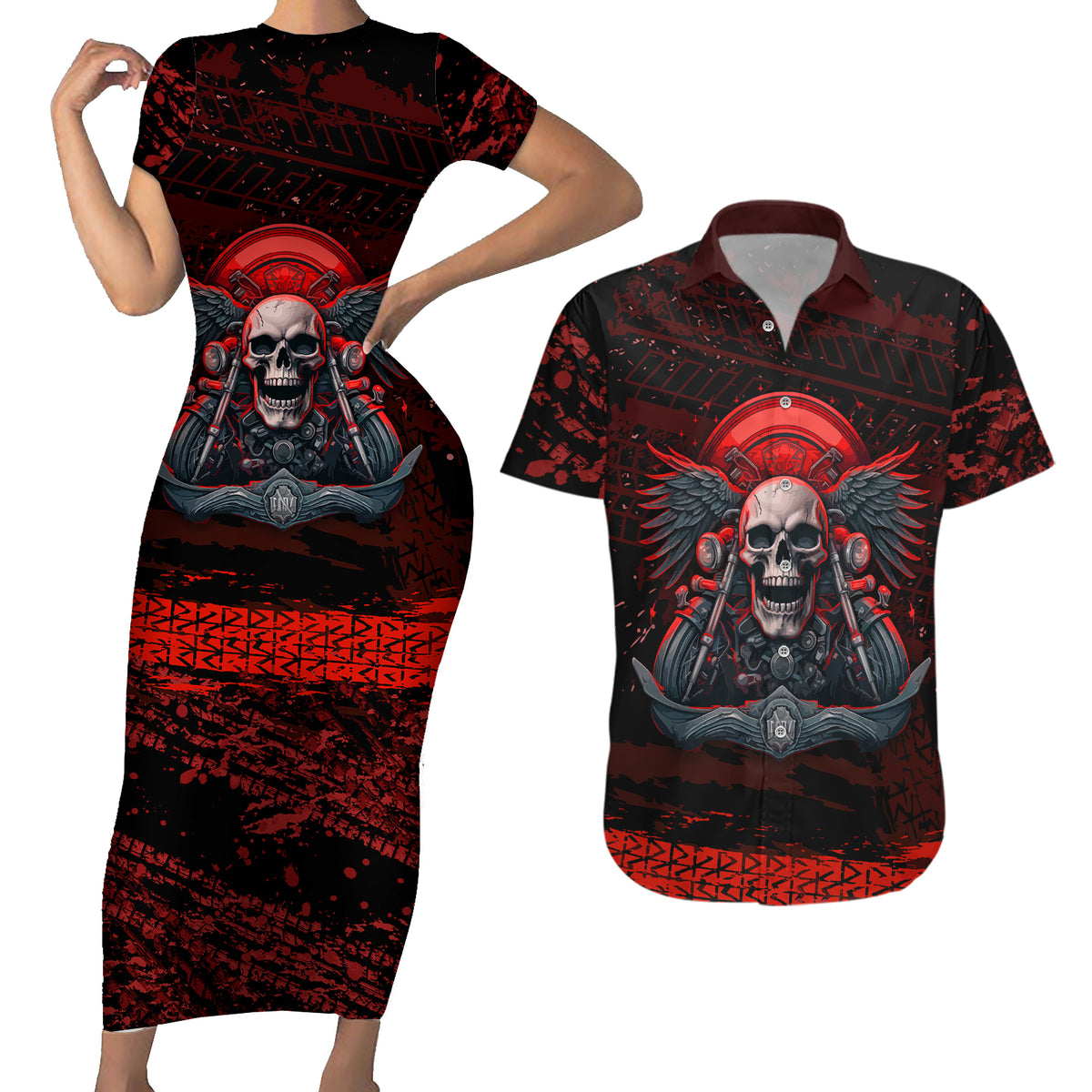 Skull Biker Couples Matching Short Sleeve Bodycon Dress and Hawaiian Shirt Legend Never Die - Wonder Print Shop