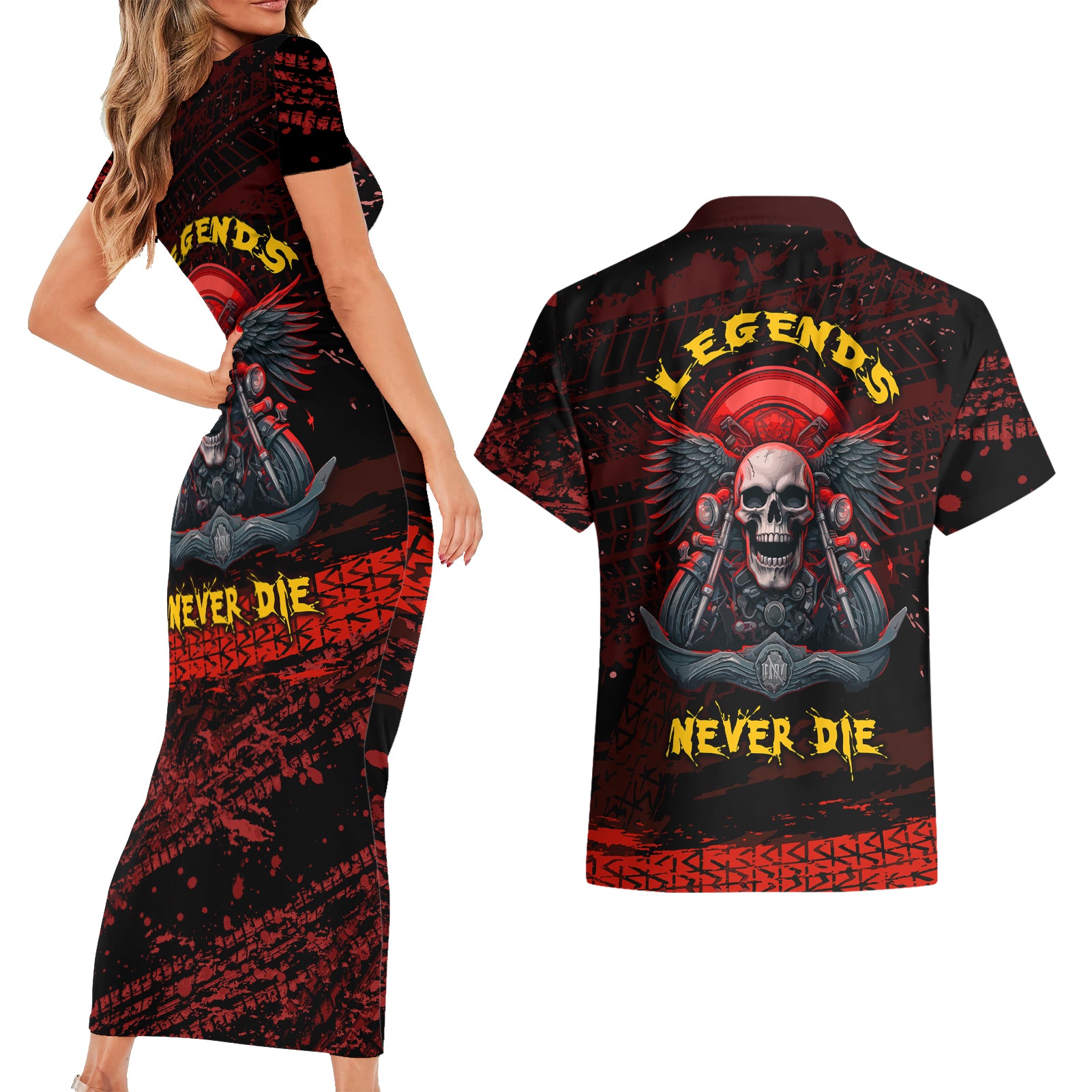 Skull Biker Couples Matching Short Sleeve Bodycon Dress and Hawaiian Shirt Legend Never Die - Wonder Print Shop