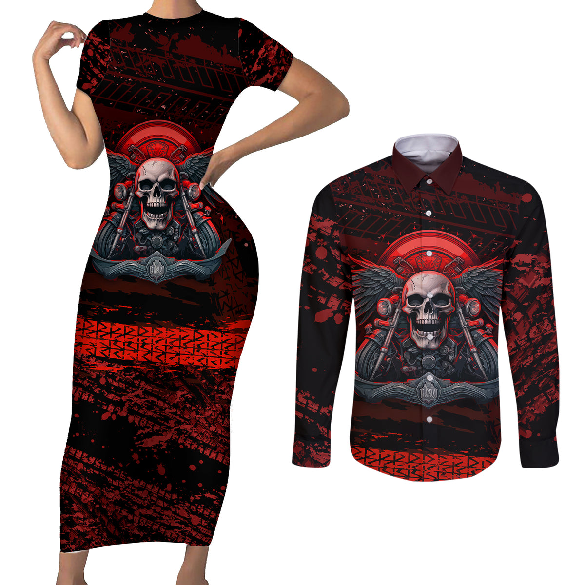 Skull Biker Couples Matching Short Sleeve Bodycon Dress and Long Sleeve Button Shirts Legend Never Die - Wonder Print Shop