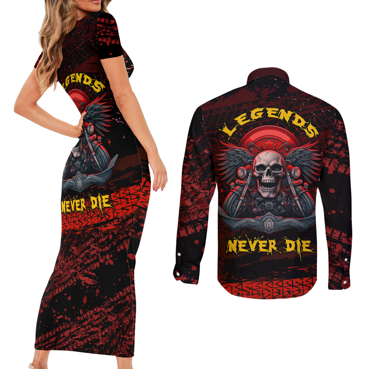 Skull Biker Couples Matching Short Sleeve Bodycon Dress and Long Sleeve Button Shirts Legend Never Die - Wonder Print Shop