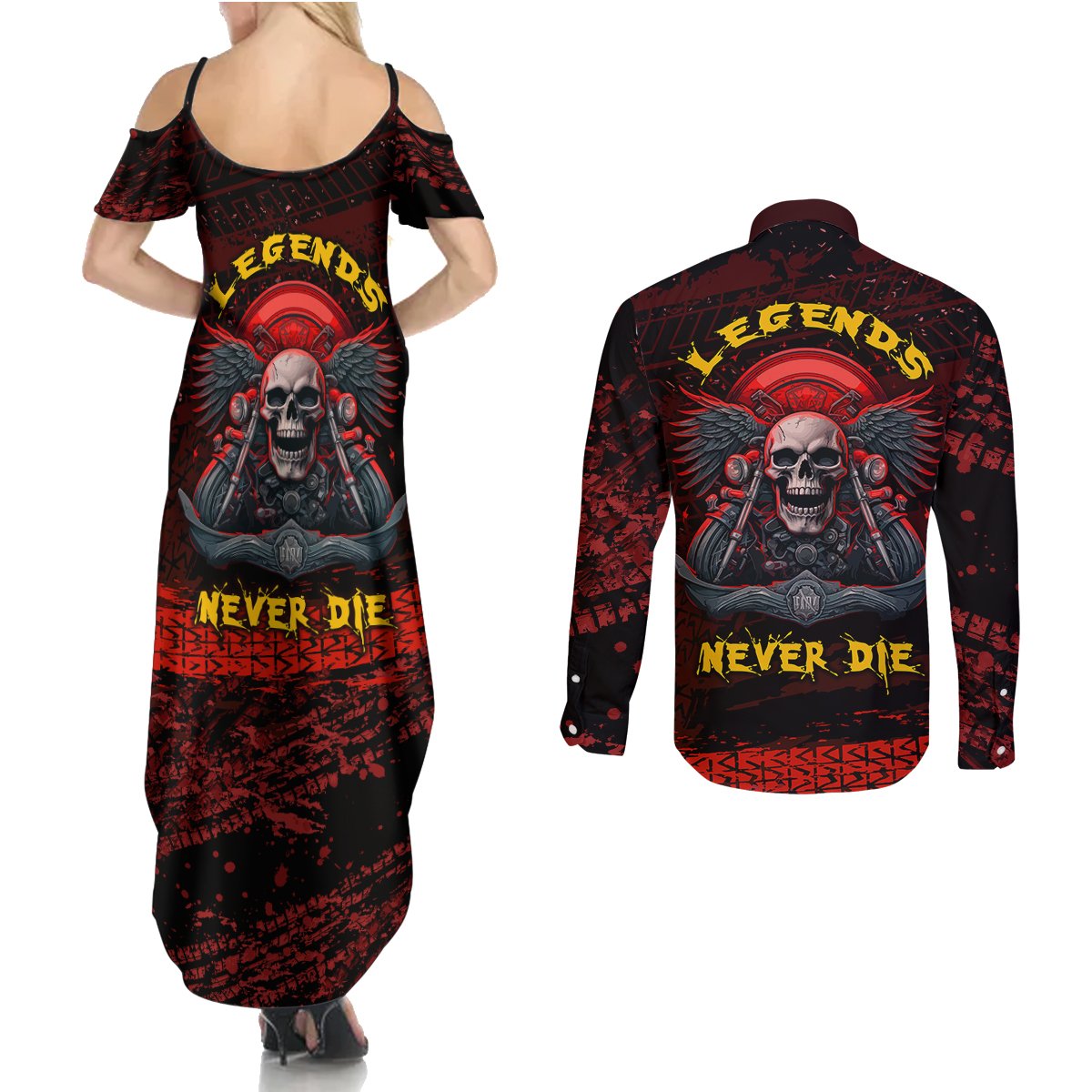 Skull Biker Couples Matching Summer Maxi Dress and Long Sleeve Button Shirts Legend Never Die - Wonder Print Shop