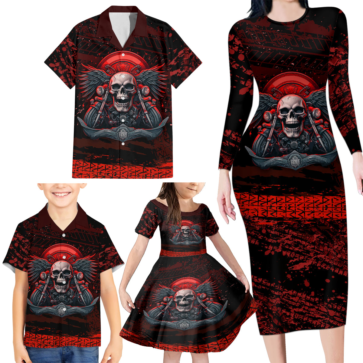 Skull Biker Family Matching Long Sleeve Bodycon Dress and Hawaiian Shirt Legend Never Die - Wonder Print Shop