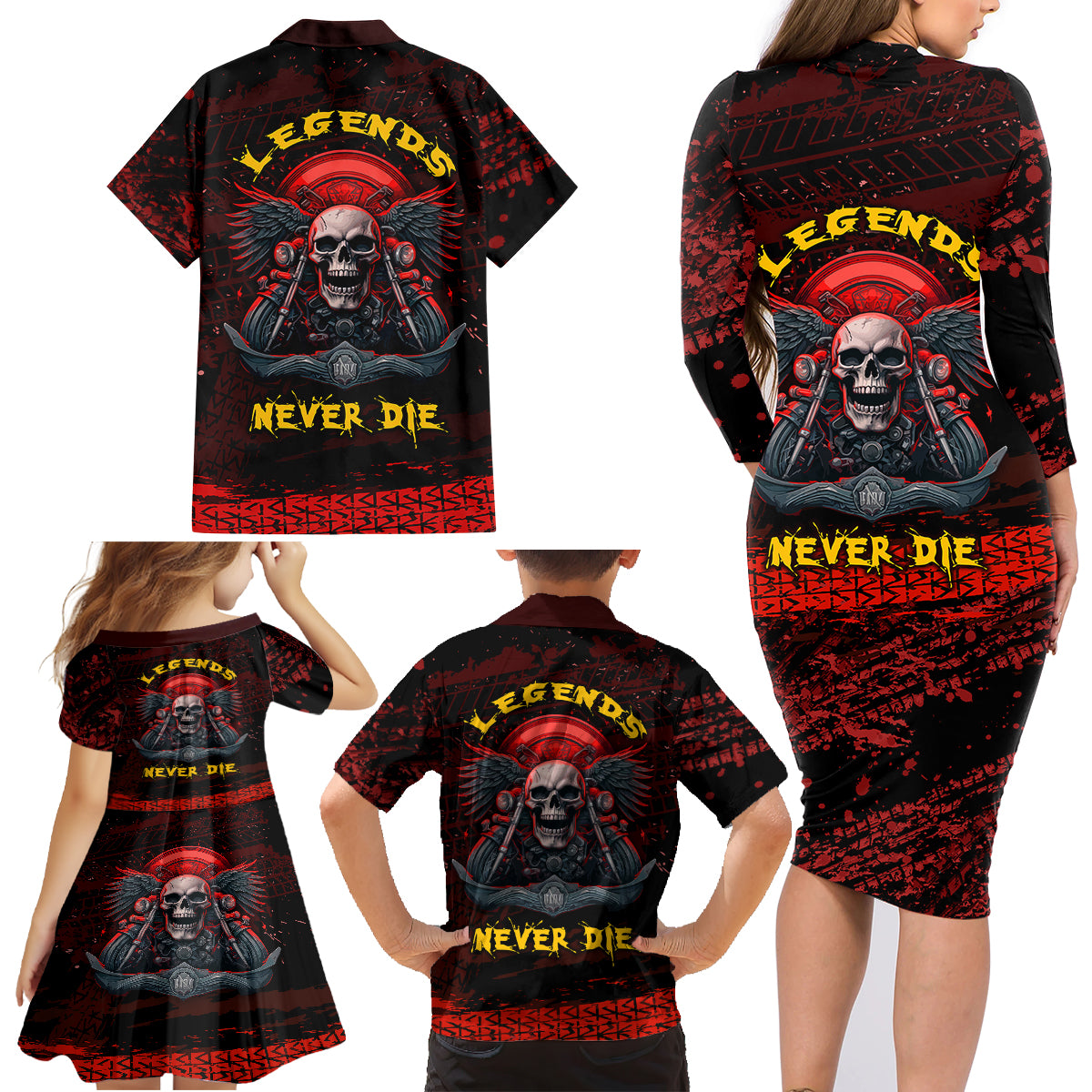 Skull Biker Family Matching Long Sleeve Bodycon Dress and Hawaiian Shirt Legend Never Die - Wonder Print Shop