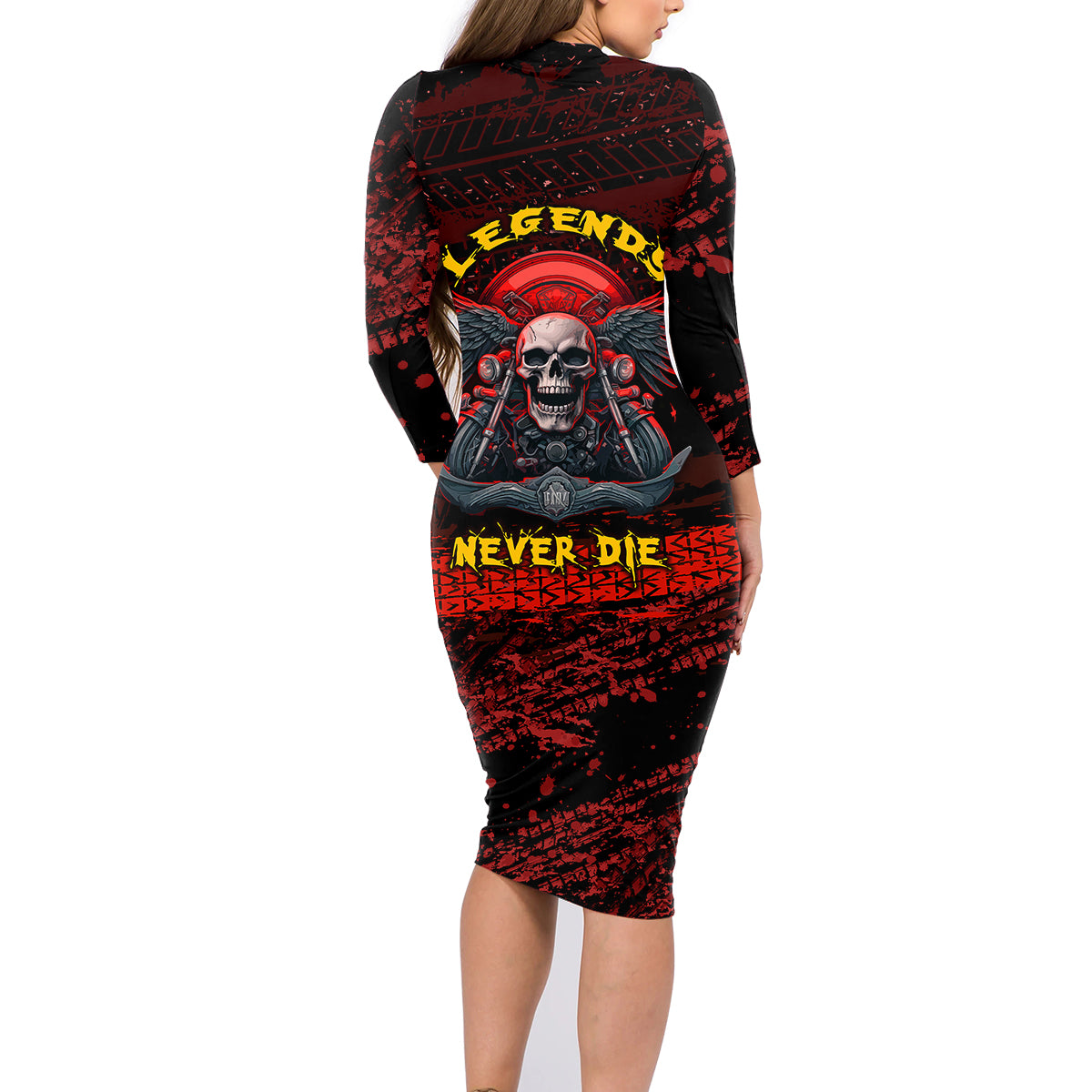 Skull Biker Family Matching Long Sleeve Bodycon Dress and Hawaiian Shirt Legend Never Die - Wonder Print Shop