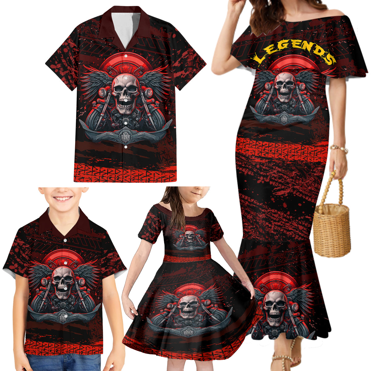 Skull Biker Family Matching Mermaid Dress and Hawaiian Shirt Legend Never Die - Wonder Print Shop