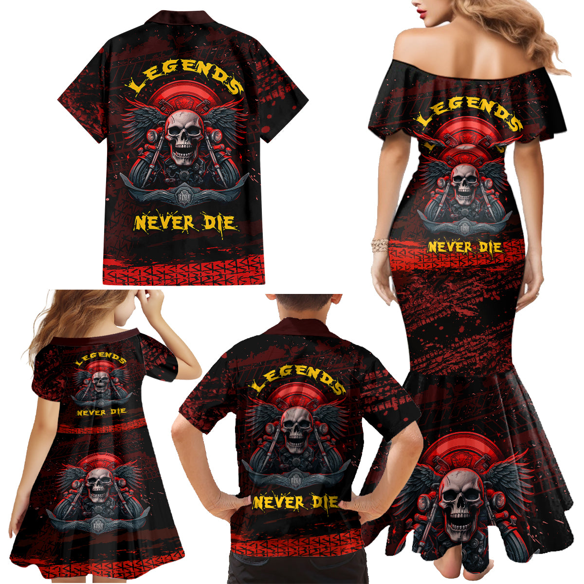 Skull Biker Family Matching Mermaid Dress and Hawaiian Shirt Legend Never Die - Wonder Print Shop