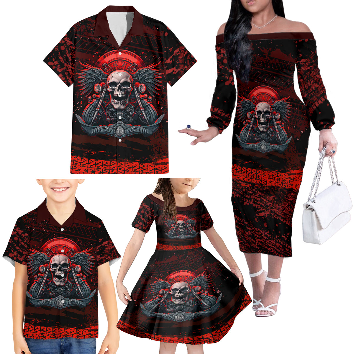 Skull Biker Family Matching Off Shoulder Long Sleeve Dress and Hawaiian Shirt Legend Never Die - Wonder Print Shop
