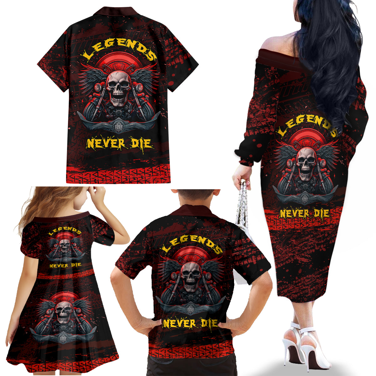 Skull Biker Family Matching Off Shoulder Long Sleeve Dress and Hawaiian Shirt Legend Never Die - Wonder Print Shop