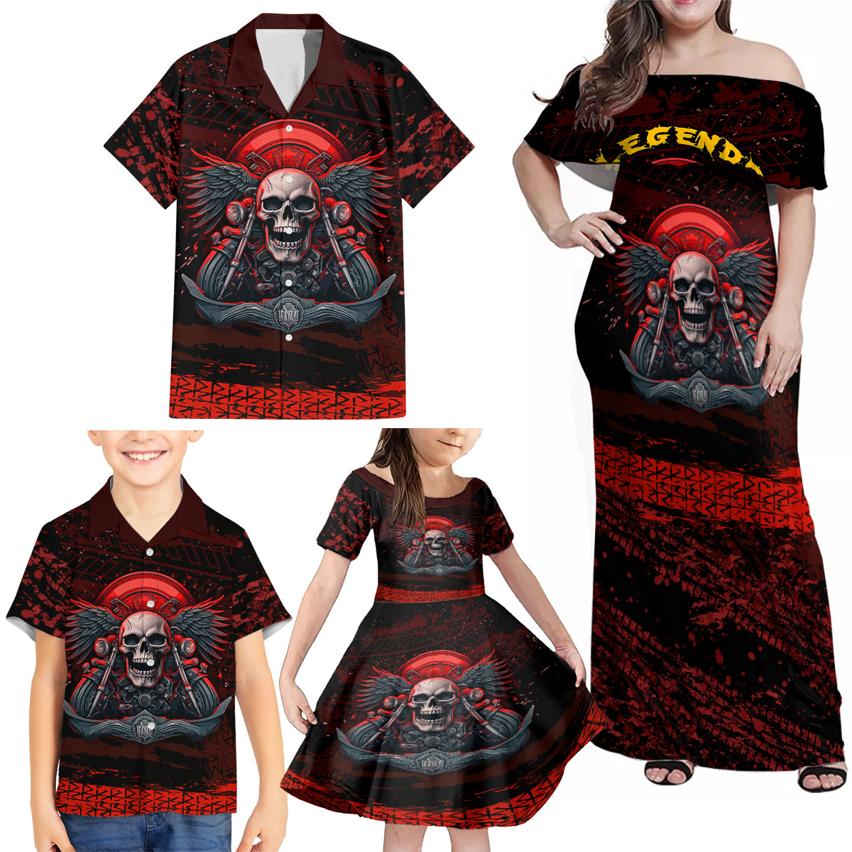 Skull Biker Family Matching Off Shoulder Maxi Dress and Hawaiian Shirt Legend Never Die - Wonder Print Shop