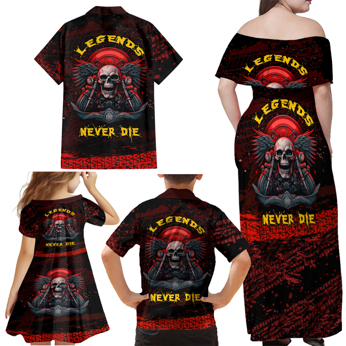 Skull Biker Family Matching Off Shoulder Maxi Dress and Hawaiian Shirt Legend Never Die - Wonder Print Shop