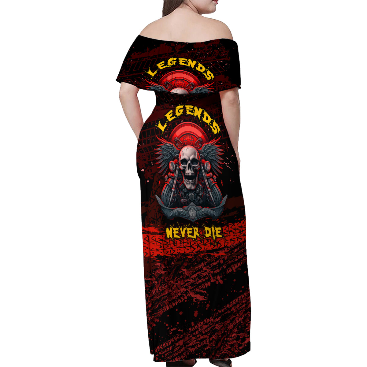 Skull Biker Family Matching Off Shoulder Maxi Dress and Hawaiian Shirt Legend Never Die - Wonder Print Shop