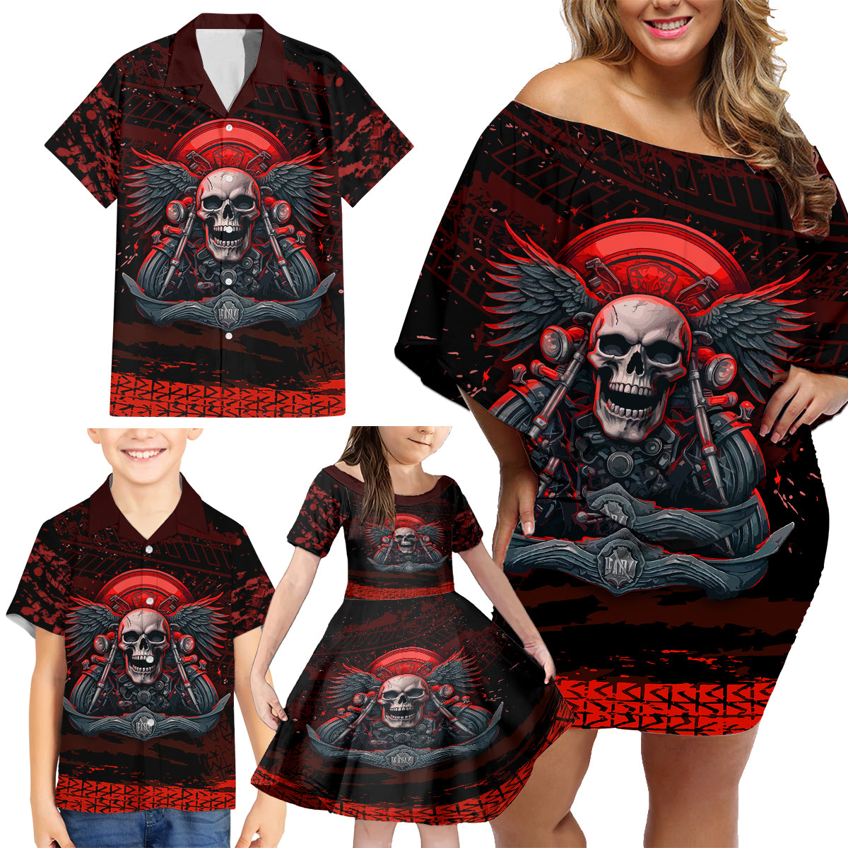 Skull Biker Family Matching Off Shoulder Short Dress and Hawaiian Shirt Legend Never Die - Wonder Print Shop