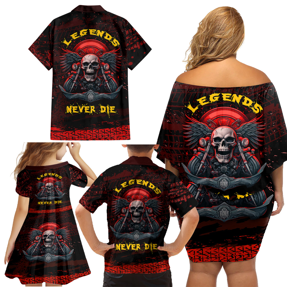 Skull Biker Family Matching Off Shoulder Short Dress and Hawaiian Shirt Legend Never Die - Wonder Print Shop