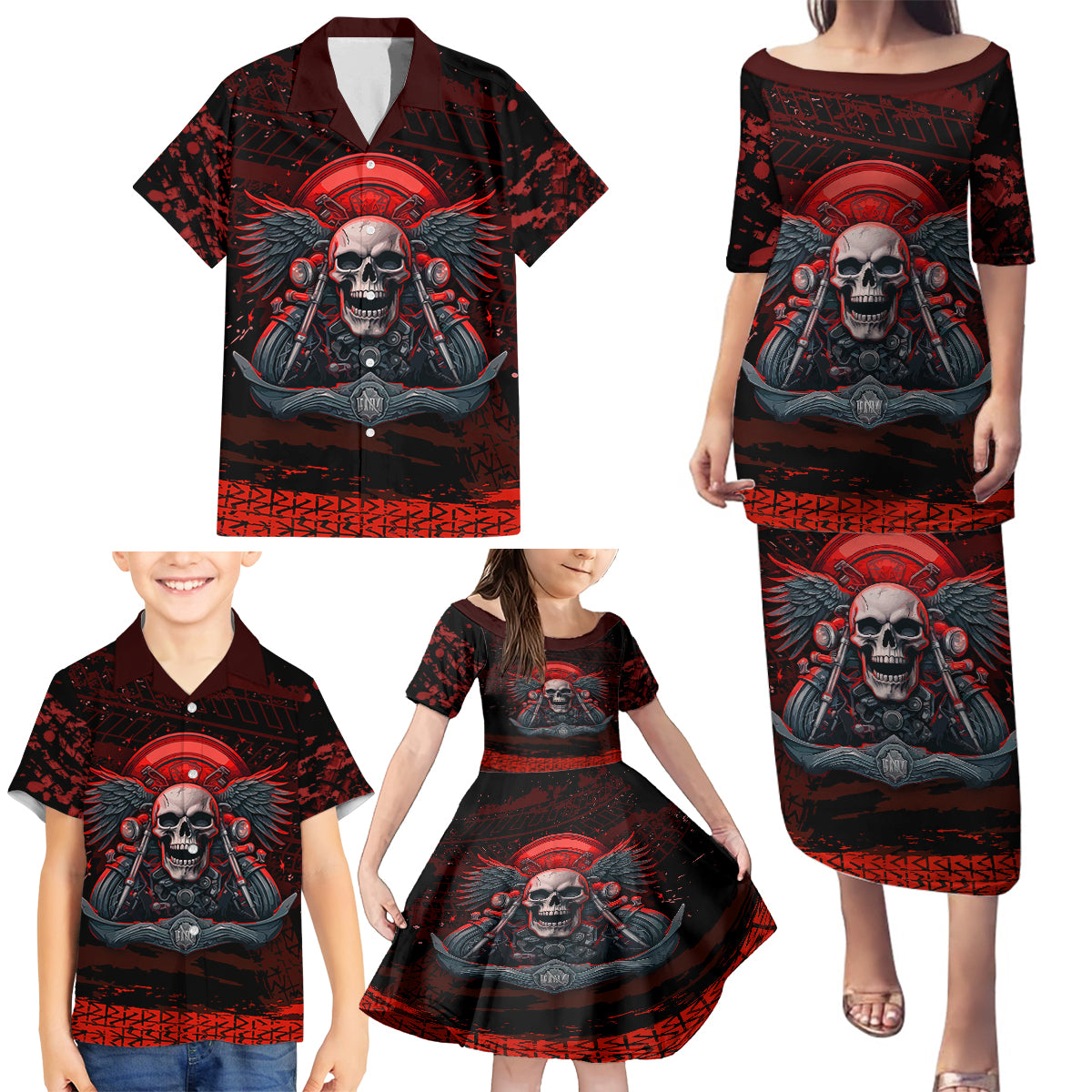 Skull Biker Family Matching Puletasi Dress and Hawaiian Shirt Legend Never Die - Wonder Print Shop