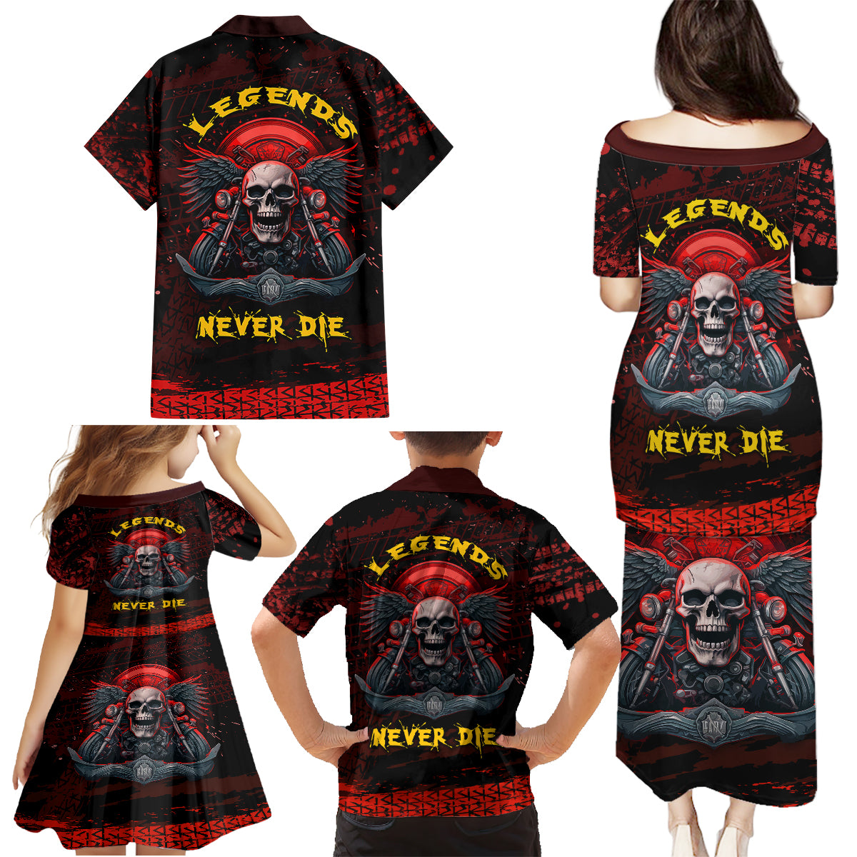 Skull Biker Family Matching Puletasi Dress and Hawaiian Shirt Legend Never Die - Wonder Print Shop