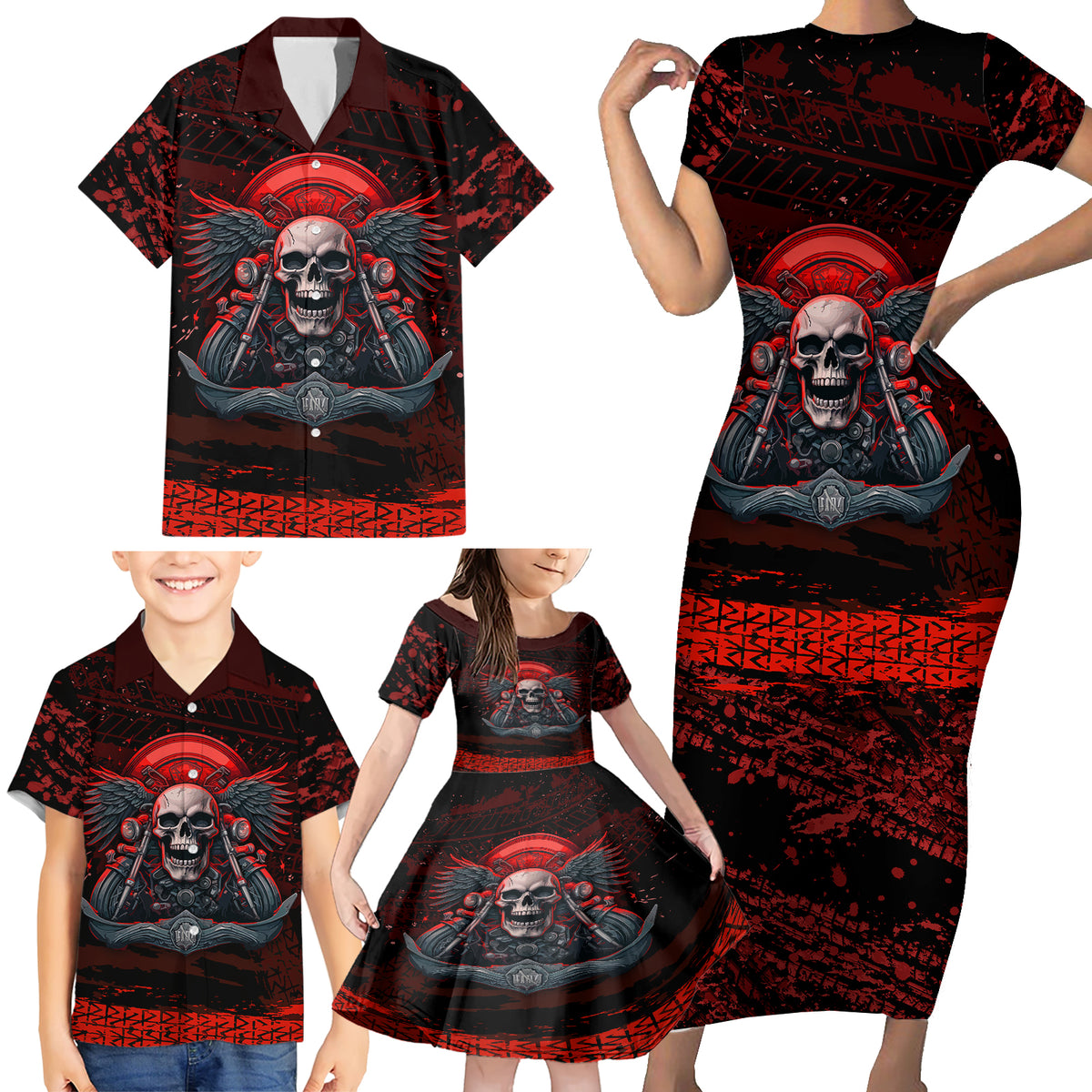 Skull Biker Family Matching Short Sleeve Bodycon Dress and Hawaiian Shirt Legend Never Die - Wonder Print Shop