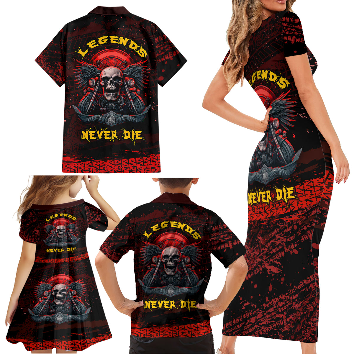 Skull Biker Family Matching Short Sleeve Bodycon Dress and Hawaiian Shirt Legend Never Die - Wonder Print Shop