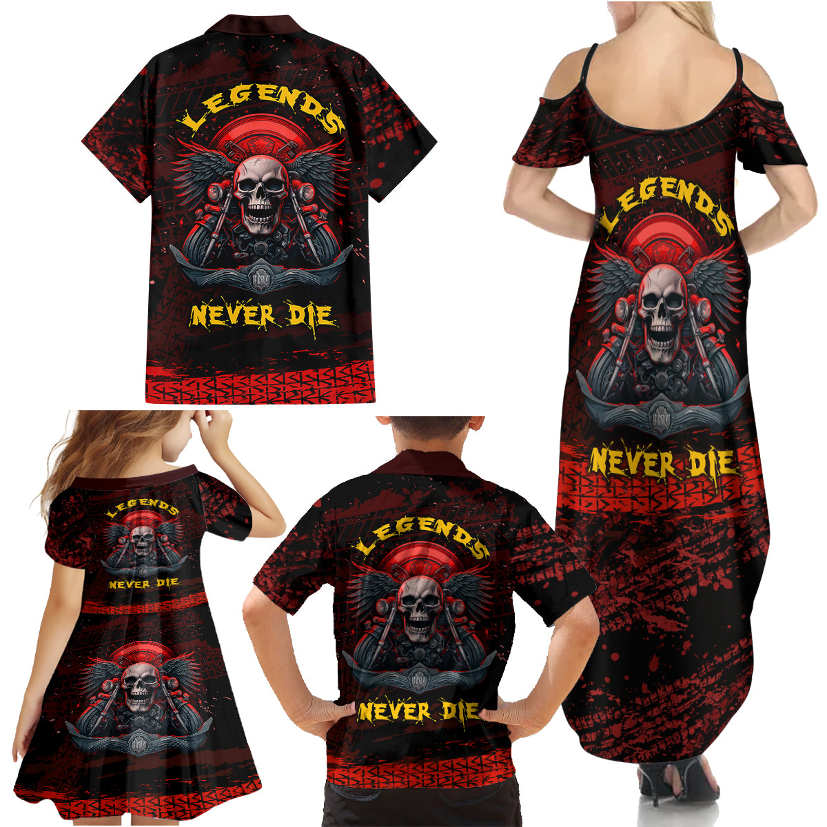 Skull Biker Family Matching Summer Maxi Dress and Hawaiian Shirt Legend Never Die - Wonder Print Shop