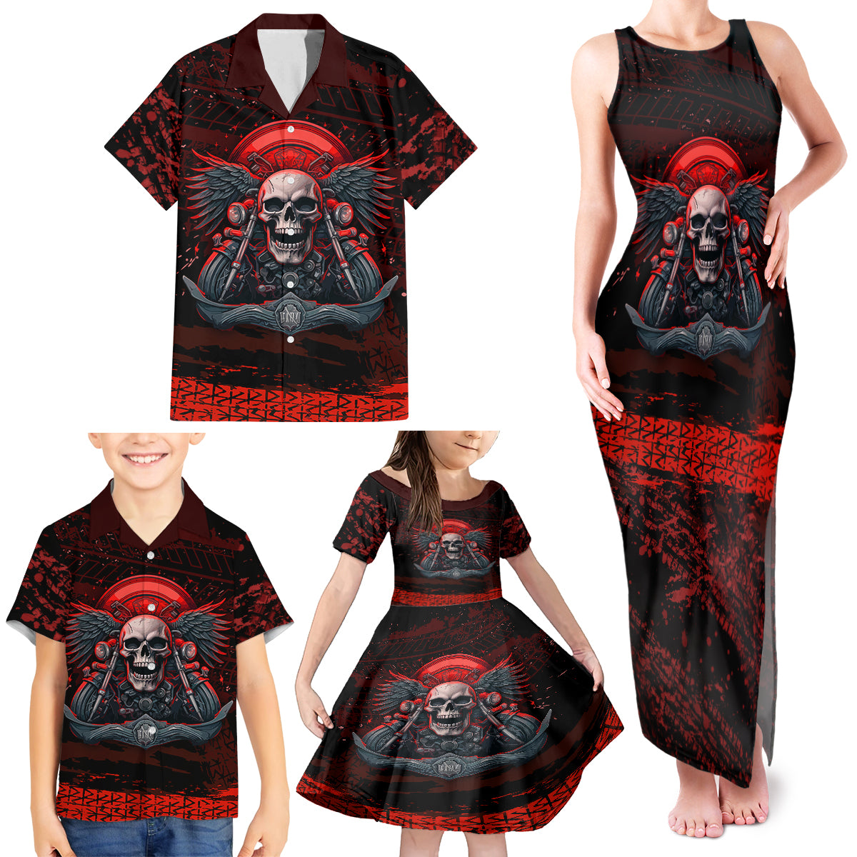 Skull Biker Family Matching Tank Maxi Dress and Hawaiian Shirt Legend Never Die - Wonder Print Shop