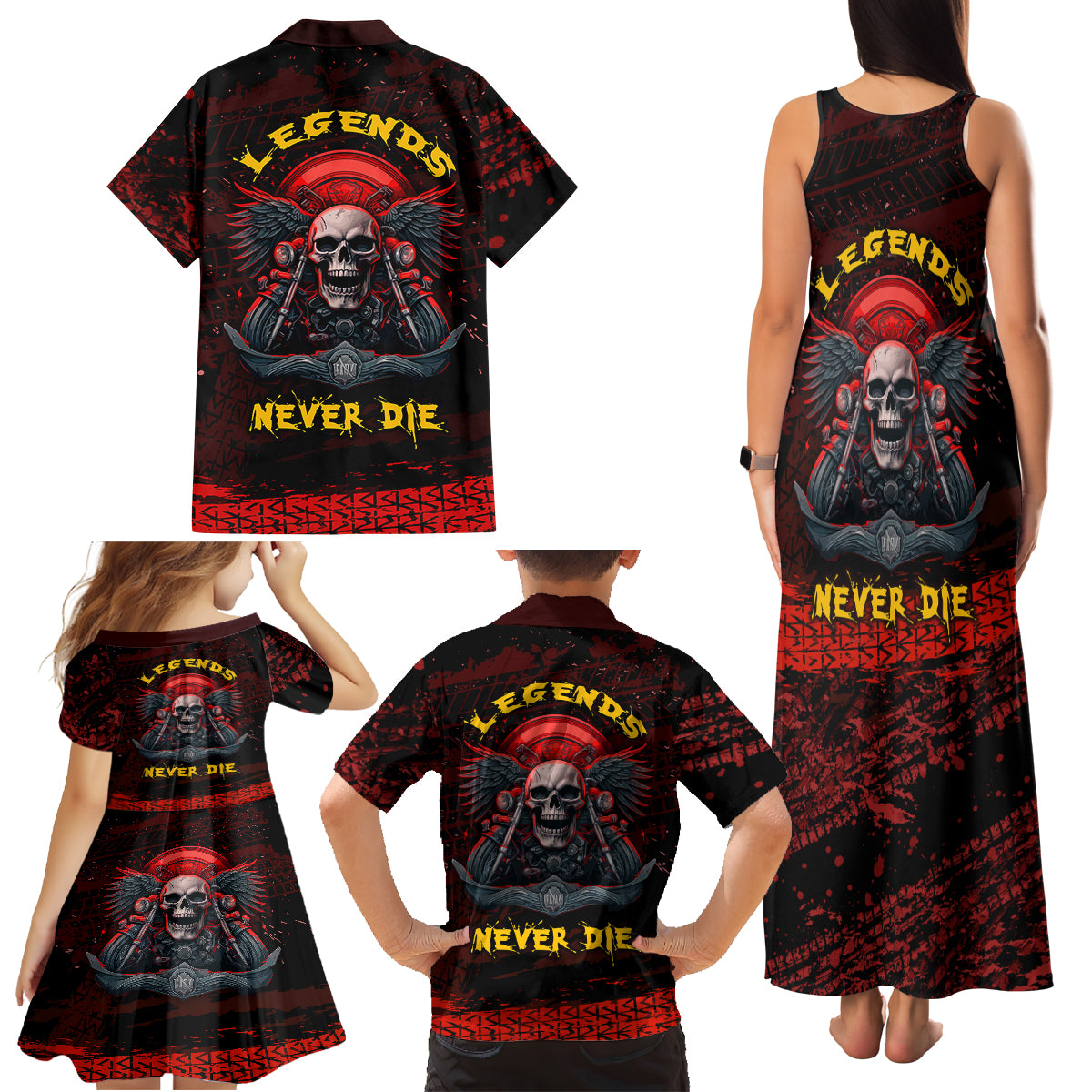 Skull Biker Family Matching Tank Maxi Dress and Hawaiian Shirt Legend Never Die - Wonder Print Shop