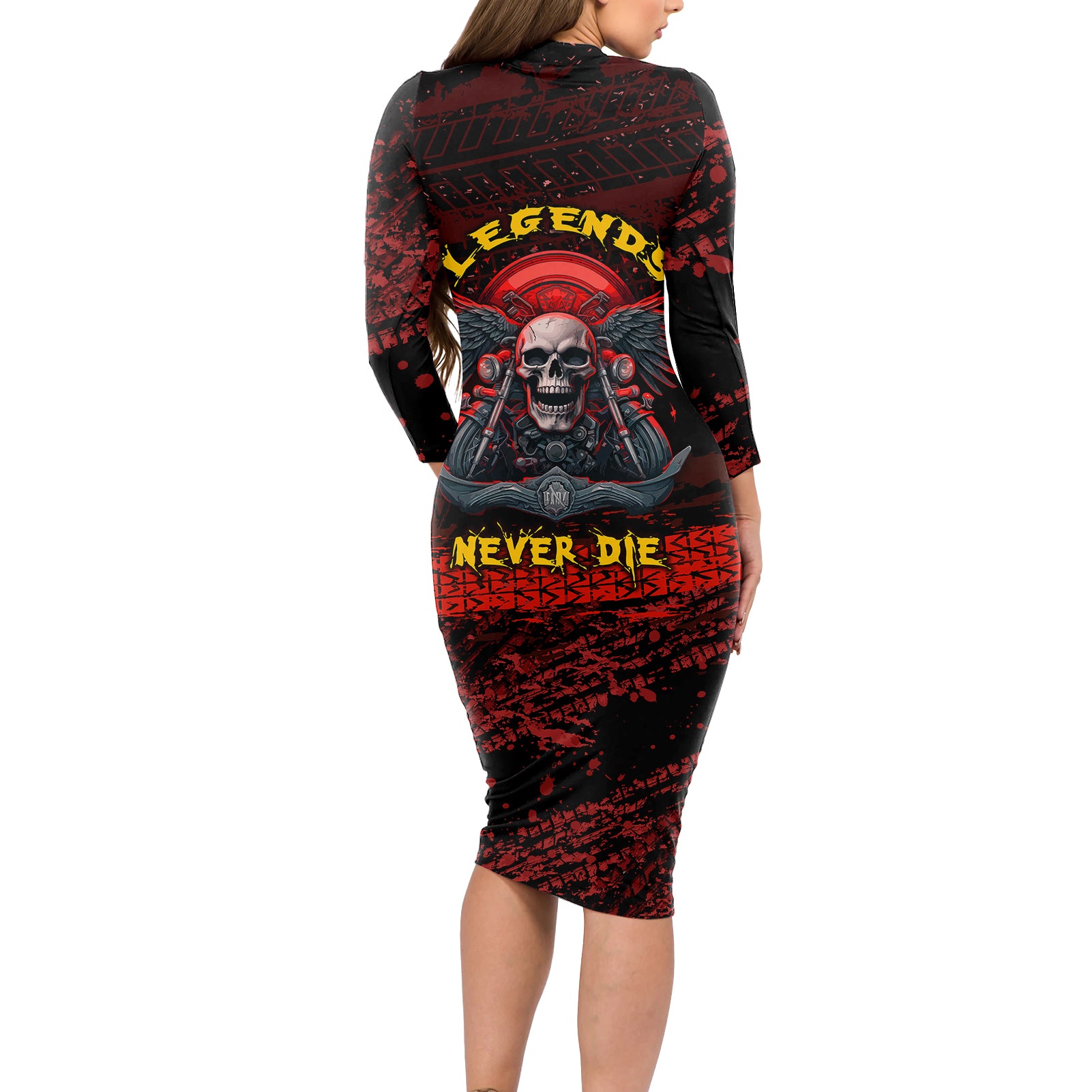 Skull Biker Long Sleeve Bodycon Dress Legend Never Die - Wonder Print Shop